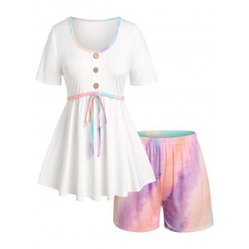 

Plus Size Tie Dye Short Sleeve Pajama Shorts Set, White
