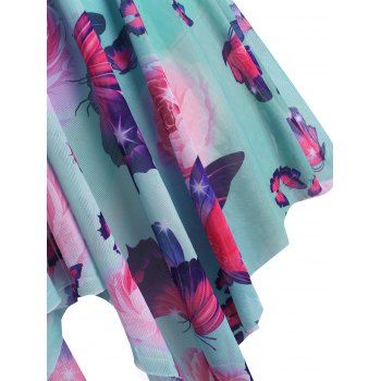 Plus Size O-ring Butterfly Print Mesh Panel Handkerchief Hem Tankini Swimwear