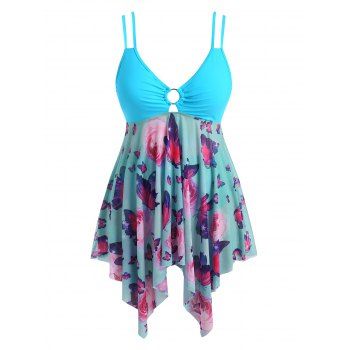 

Plus Size O-ring Butterfly Print Mesh Panel Handkerchief Hem Tankini Swimwear, Light blue
