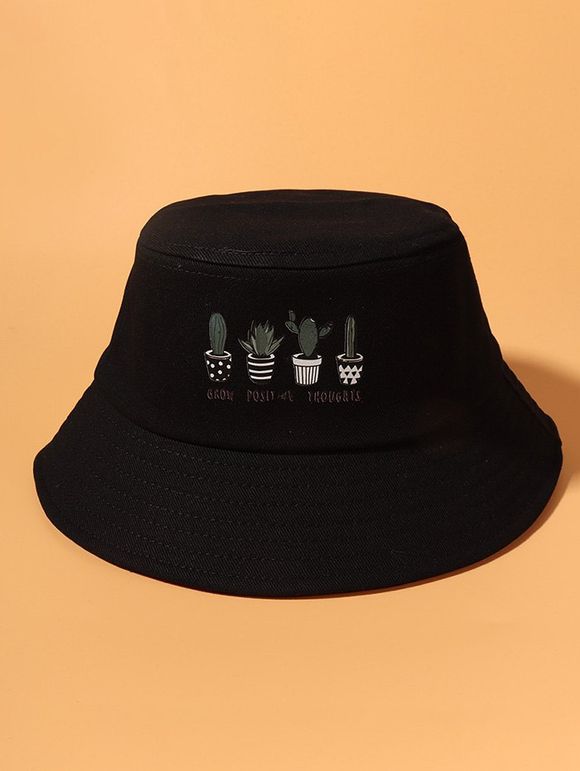 Chapeau Seau à Imprimé Cactus en Coton - Noir 