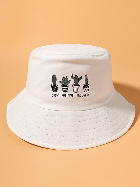 Chapeau Seau à Imprimé Cactus en Coton - Blanc 