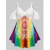 T-shirt Fleur Arc-en-ciel Noué à Epaule Ouverte de Grande Taille - multicolor 4X