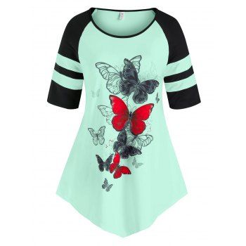 

Plus Size Butterfly Print Raglan Sleeve Long Tee, Light green