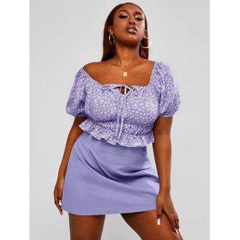 

Plus Size Tiny Floral Tie Collar Peplum Top and Skirt Set, Light purple
