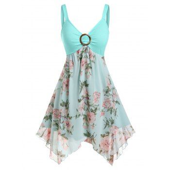 

Plus Size Hanky Hem Flower Ring Backless Dress, Light blue