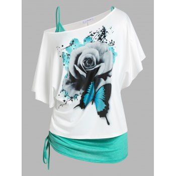 

Plus Size Floral Butterfly Print Skew Neck Tee and Cinched Tank Top Set, Green