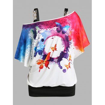 

Plus Size Skew Neck Butterfly Splatter Paint Print Tee and Tank Top Set, White