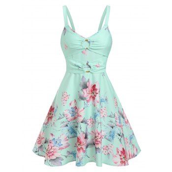 

Watercolor Floral Print O Ring Cami Flare Sundress, Light green