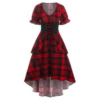 

Vintage Plaid Corset Style Lace Up Layered High Low Dress, Deep red