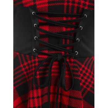 Checked Lace Up Poet Sleeve Layered Dress