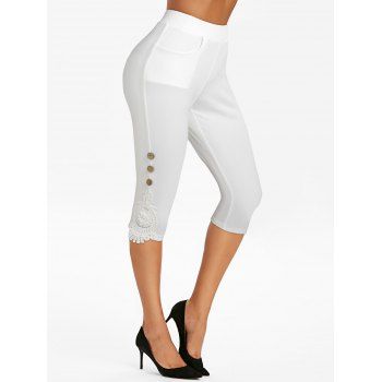 

Buttons Lace Pockets Capri Leggings, White