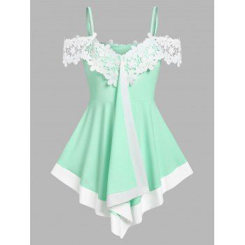 

Flower Lace Two Tone Cold Shoulder T Shirt, Light green