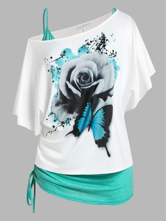 Ensemble de T-shirt à Imprimé Papillon Fleuri de Grande Taille à Col Oblique et de Débardeur - Vert 5X