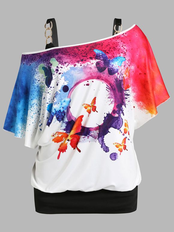 Ensemble de T-shirt Papillon Peinture Eclaboussée de Grande Taille à Col Oblique et de Débardeur - Blanc 3X