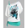Ensemble de T-shirt à Imprimé Papillon Fleuri de Grande Taille à Col Oblique et de Débardeur - Vert L