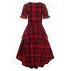 Checked Lace Up Poet Sleeve Layered Dress - DEEP RED M