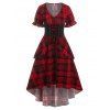 Checked Lace Up Poet Sleeve Layered Dress - DEEP RED M