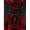 Checked Lace Up Corset Waist Poet Sleeve Layered Dress - DEEP RED L