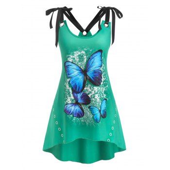

Plus Size Strappy Tie Shoulder Butterfly Print Irregular Tank Top, Green