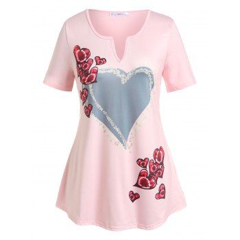 

Plus Size Valentine Heart Print V Notch Tee, Light pink