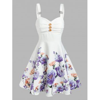 

Sleeveless Button Ruched Flower Print Dress, White