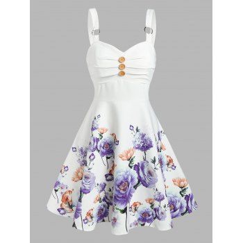 

Sleeveless Button Ruched Flower Print Dress, White
