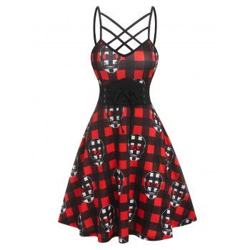 

Gothic Plaid Skull Lace Up Corset Style Cross Lattice Cami Flare Dress, Black