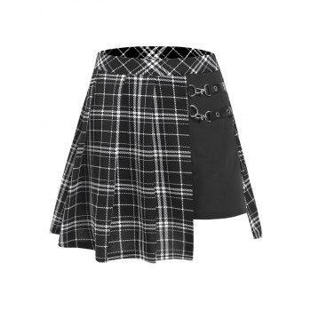 

Plaid Print Buckle Strap Pleated Skort, Black