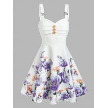 dresslily Sleeveless Button Ruched Flower Print Dress
