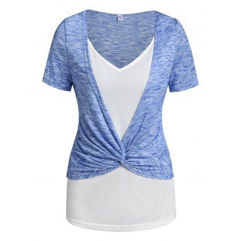 

Space Dye Print Twist Front Faux Twinset T-shirt, Light blue