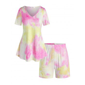 

Plus Size Tie Dye V Neck Lounge Shorts Set, Light pink