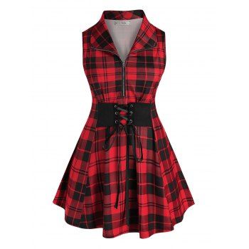 

Plus Size Plaid Half Zip Lace-up Sleeveless Blouse, Red