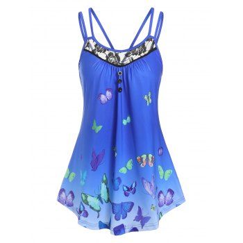 

Butterfly Print Lace Panel Tank Top, Blue