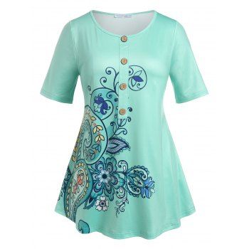 

Plus Size Paisley Print Mock Button Tee, Light green