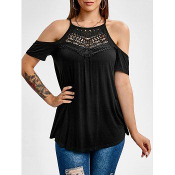 

Cold Shoulder Lace Insert T-shirt, Black