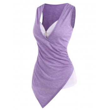 

Contrast Colorblock Surplice Zip Placket Asymmetrical 2 In 1 Tank Top, Light purple