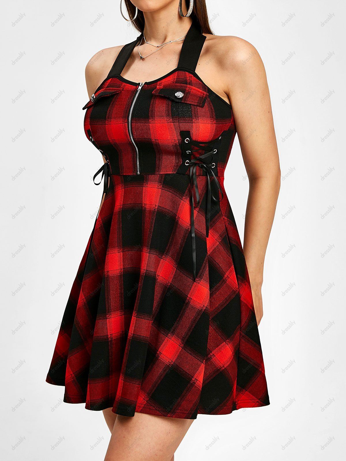 Vintage Plaid Checked Lace Up Corset Style Zip Flare Dress 