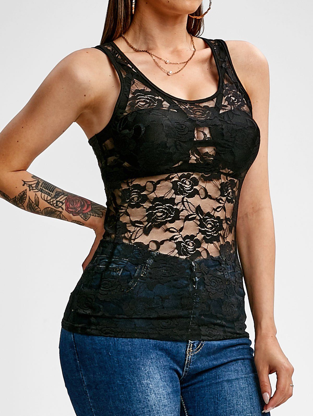 [29% OFF] 2021 Flower Lace See Through Racerback Tank Top In BLACK ...