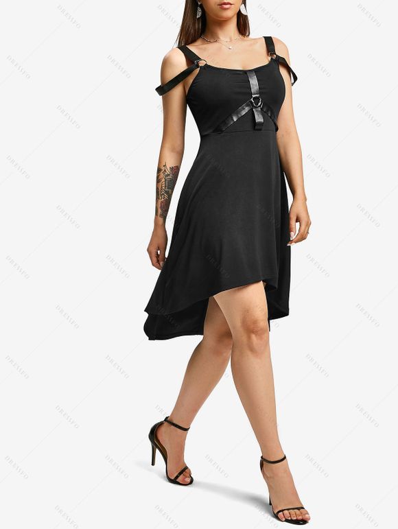 Robe Mi-Longue Haute Basse Harnais Inséré sans Manches - Noir L