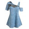 T-shirt Teinté en Dentelle Insérée à Epaule Dénudée de Grande Taille - Bleu clair 1X