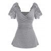 T-shirt Superposé Guipure Insérée à Manches Raglan - Gris Clair XL