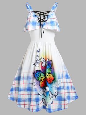 Plus Size Lace Up Butterfly Print Dress