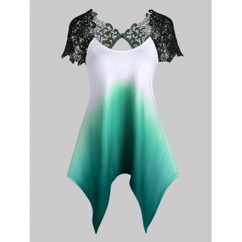 

Lace Crochet Insert Ombre Sheer Cutout Handkerchief T-shirt, Green