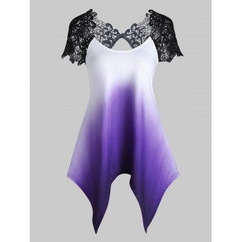 

Lace Crochet Insert Ombre Sheer Cutout Handkerchief T-shirt, Purple
