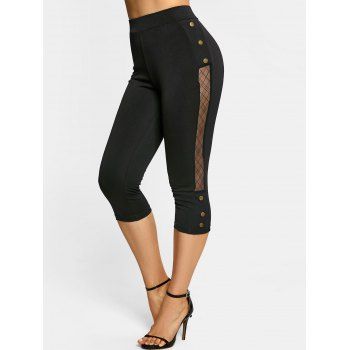 

Lace Insert Mock Button Capri Leggings, Black