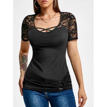 

Crisscross Lace Panel O Ring Tee, Black
