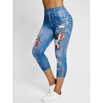 

3D Patriotic American Flag Print Capri Jeggings, Blue