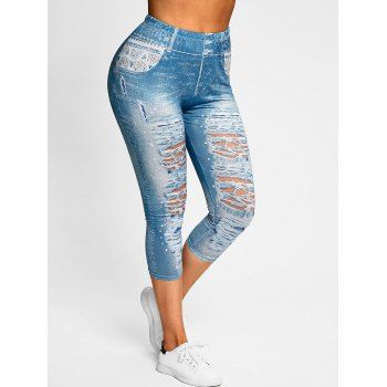 

Floral 3D Jean Print High Rise Capri Jeggings, Light blue