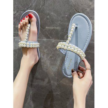 

Faux Pearl Embellished T-Strap Sandals, Light sky blue