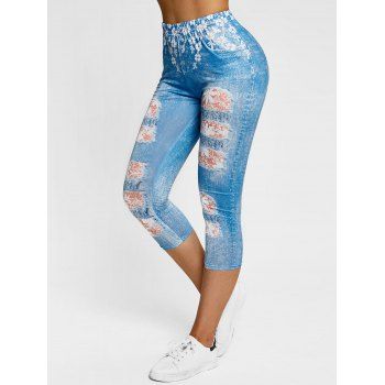

Flower 3D Ripped Print Capri Jeggings, Light blue